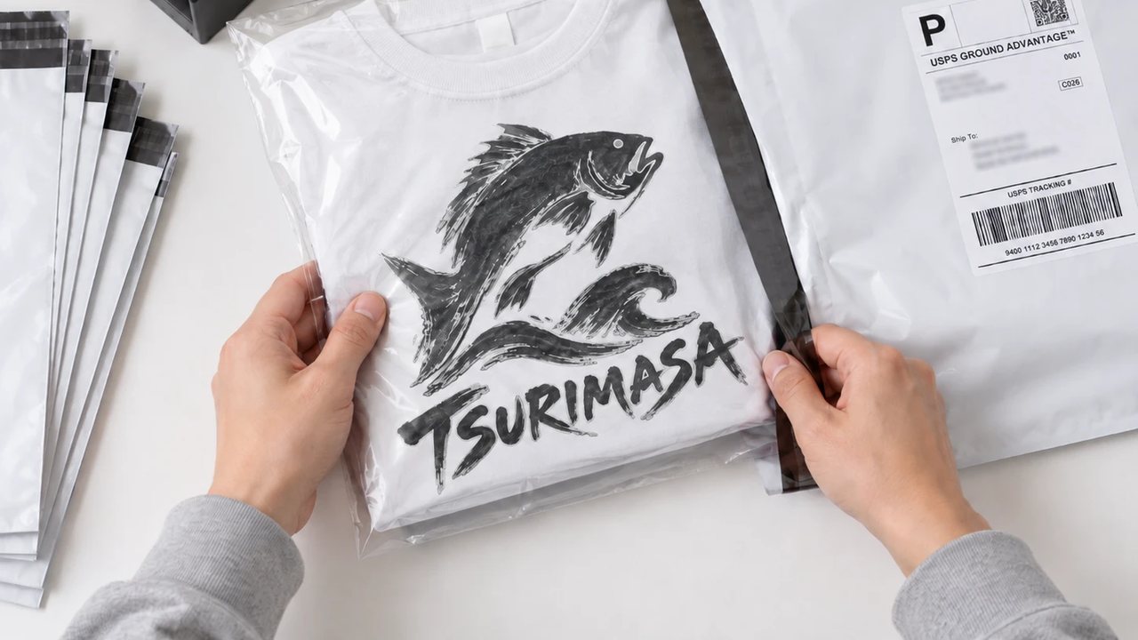 Tシャツを袋に詰めて配送用の封筒に入れているところ