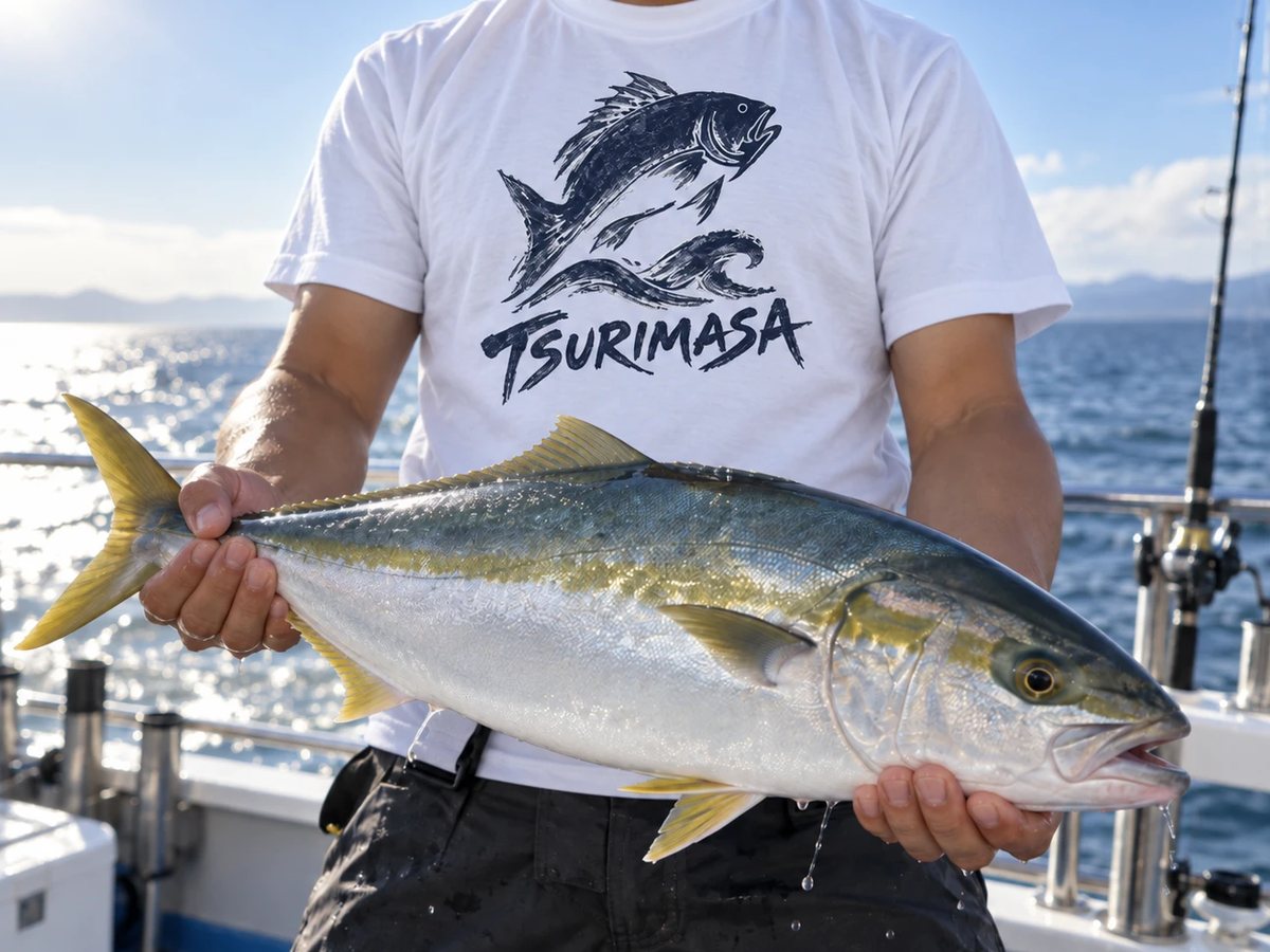屋号入りTシャツを着て、釣り上げたブリを持っているところ