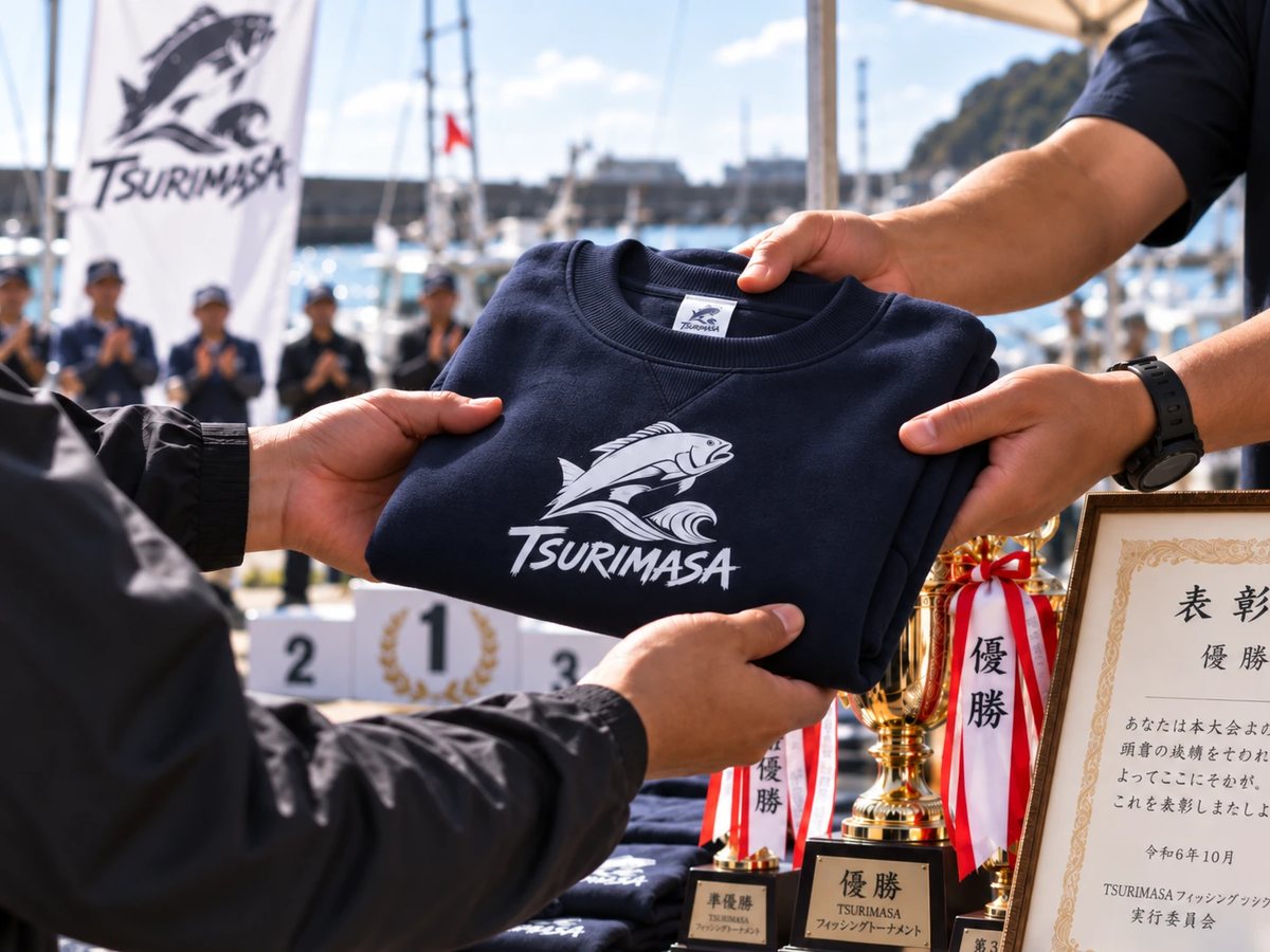 釣り大会の表彰式で、屋号入りのスウェットが優勝者に手渡されているところ