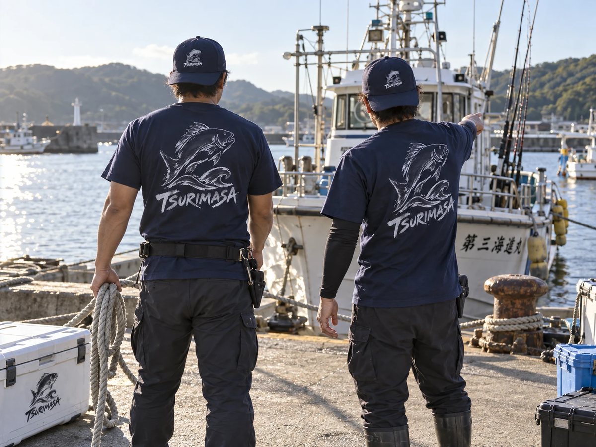 背中に屋号のロゴが入ったTシャツとキャップを着けたスタッフ2人が、桟橋で出船の準備をしているところ